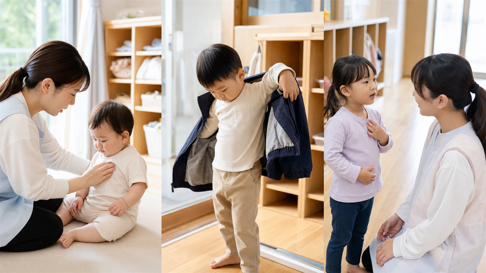 乳児、1・2歳児、3〜5歳児が冬服を生活場面で調整する様子