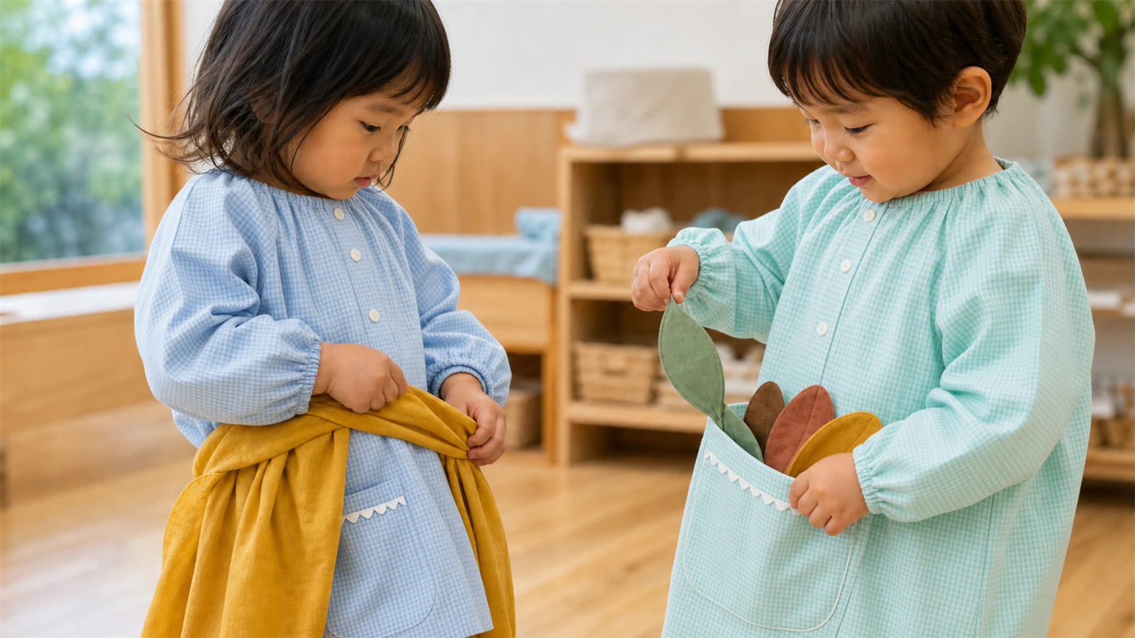 キリンジのスモックを着た子どもたちが、柔らかい布を使って発表会衣装を準備する様子