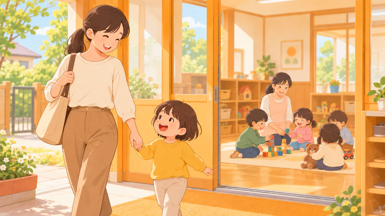 昼過ぎの園の玄関で迎えに来た保護者と手をつないで帰る子どもと、保育室で遊び続ける子どもたち
