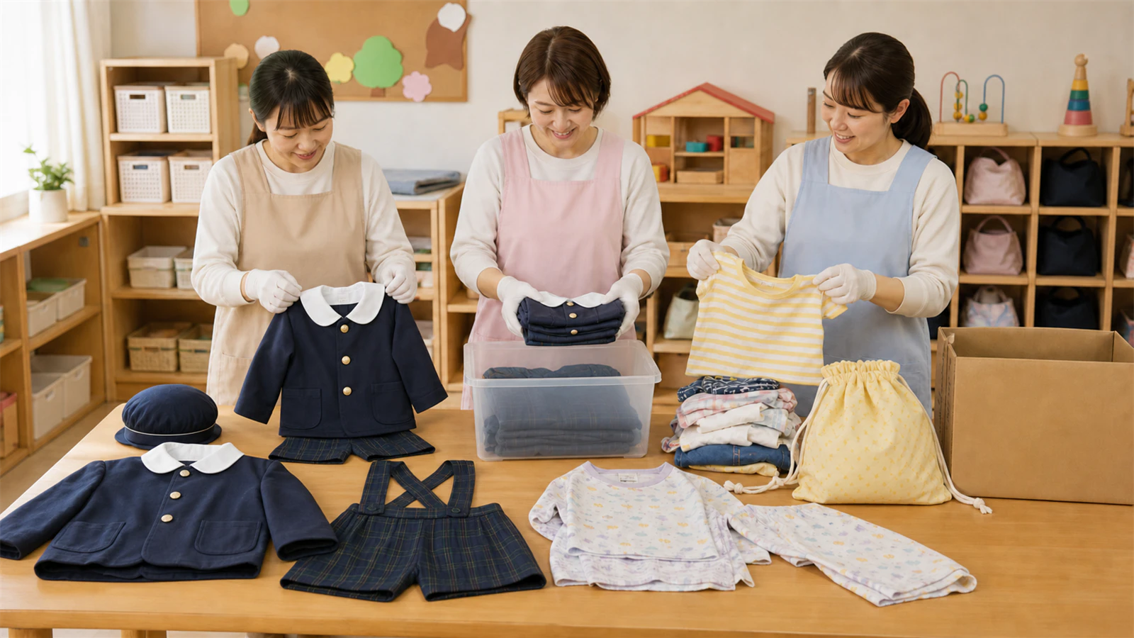 キリンジの冬制服と普段着・パジャマ・袋物を机上で分け、服装運用を棚卸しする様子