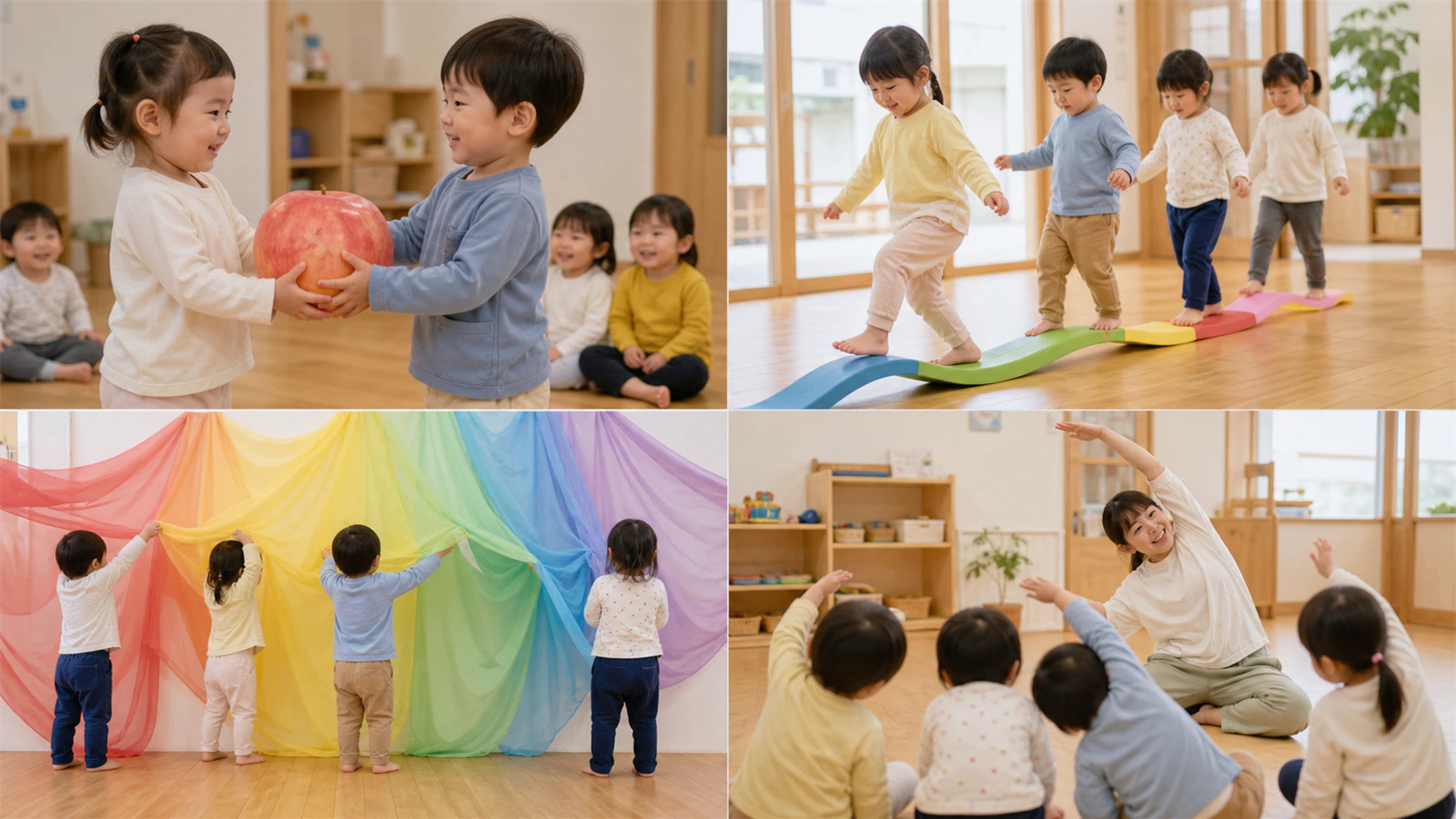 買い物、乗り物、色探し、まねっこを楽しむ2・3歳児の発表会