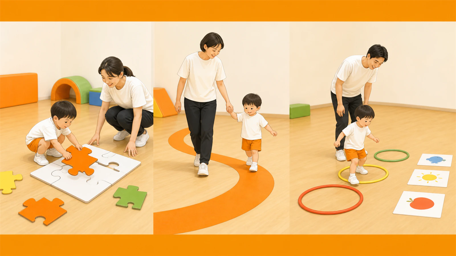 大きなパズル、くねくねコース、フープの島を使った3歳児の親子競技