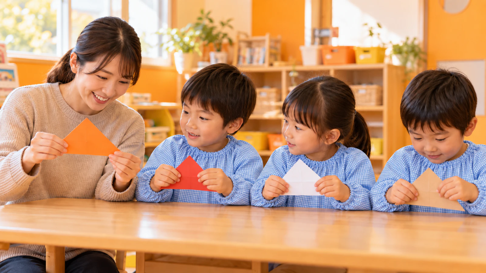 保育室の机で、先生が子どもたちと同じ側に並んで座り、三角に折った大きなオレンジの紙を子どもと同じ向きに持って見せ、スモックを着た子どもたちも自分の紙を三角に折っている様子