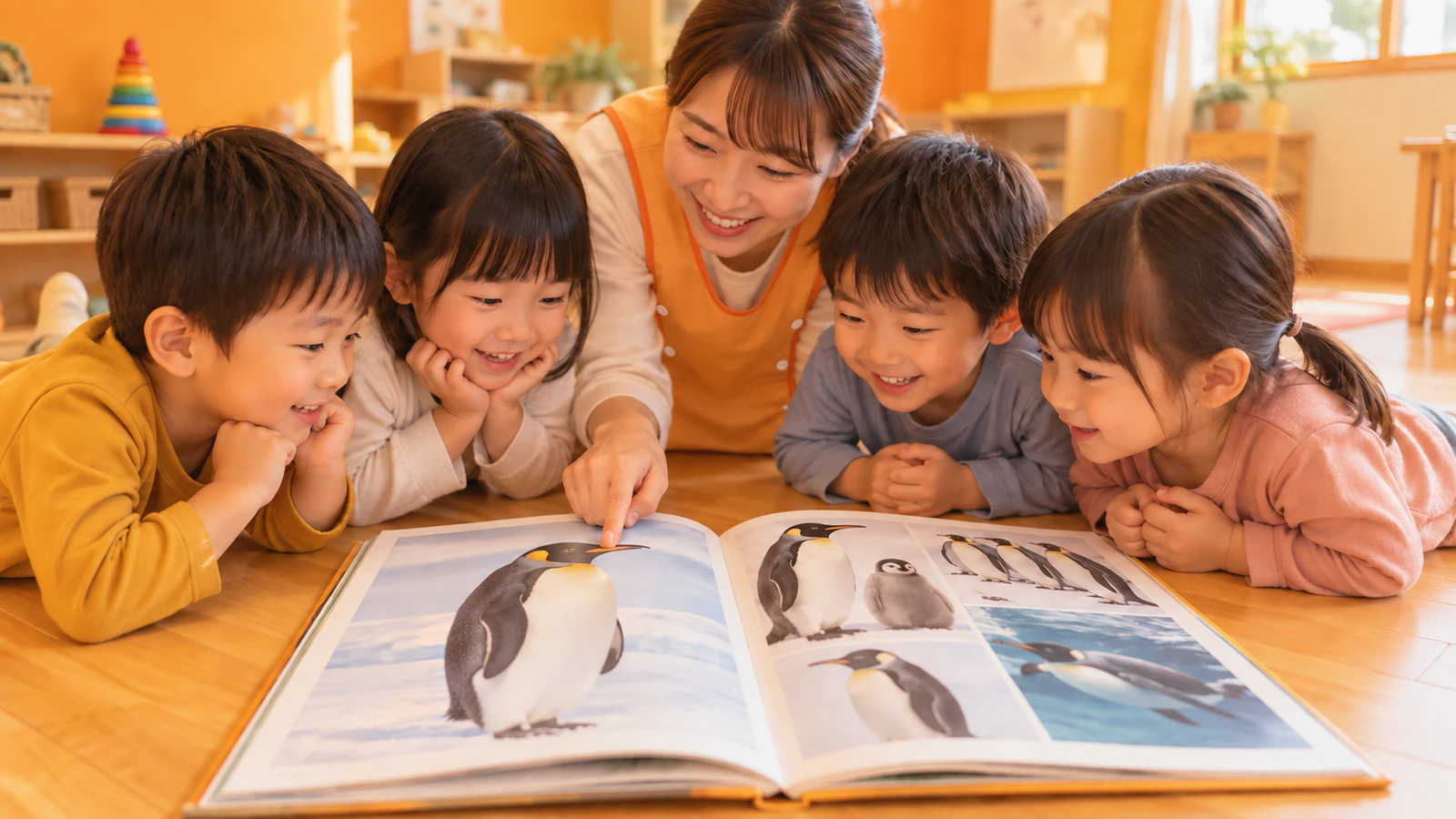 先生と普段着の子どもたちが床に座り、ペンギンがのった図鑑を広げてクイズの答えを確かめている様子