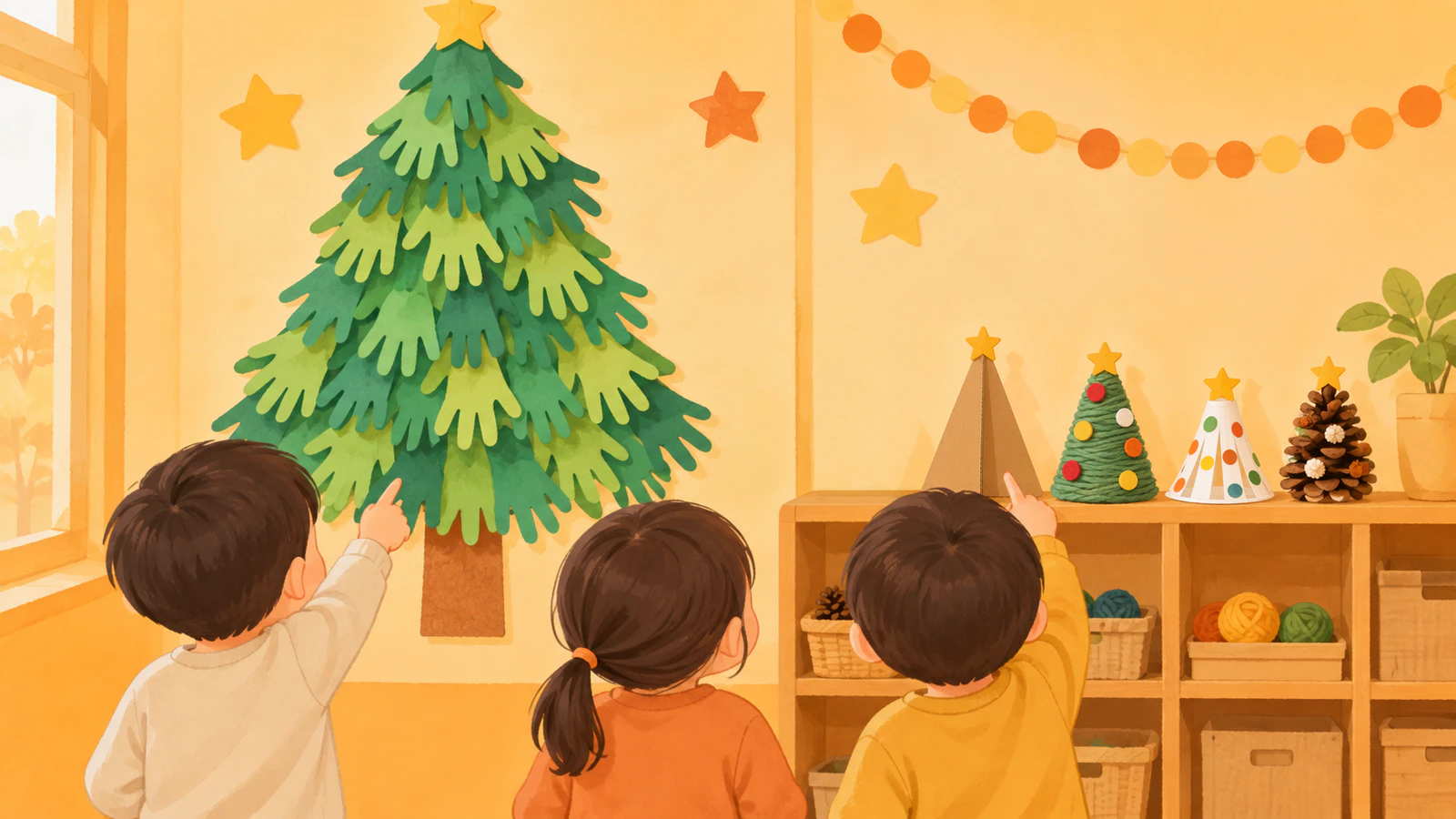 保育室の壁のツリーと棚の手作りツリーを、普段着の子どもたちが後ろから眺めている様子