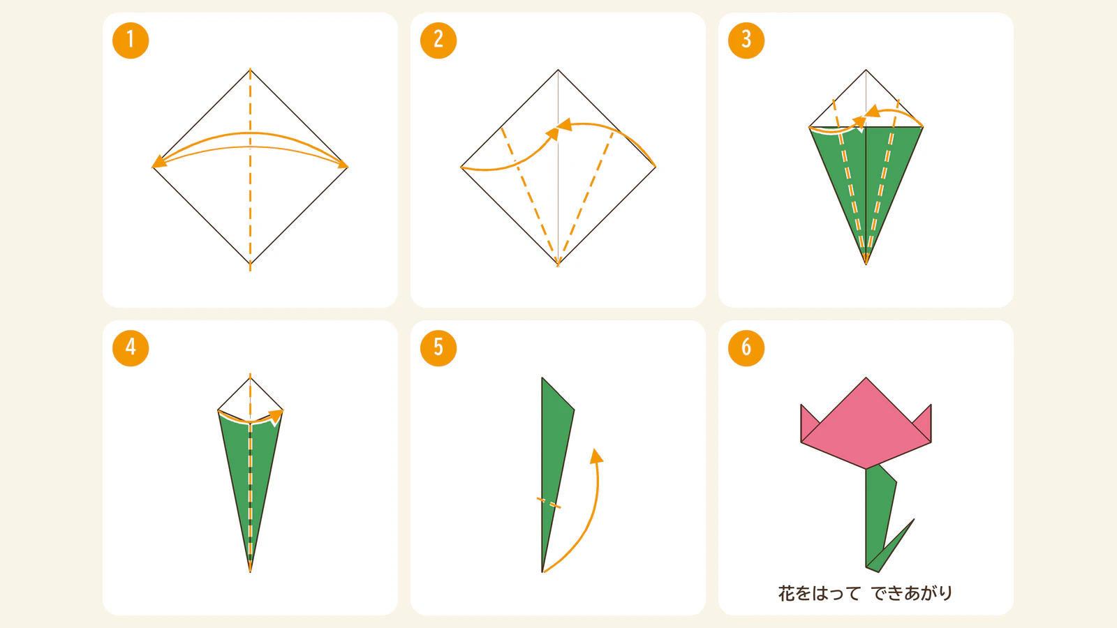 くきとはっぱの折り方の手順図。1で折りすじをつけ、2と3で左右のはしをまんなかに合わせて細くし、4で半分に折り、5で下の部分を折り上げてはっぱにし、6でくきの上の先を花のうらに入れてはったチューリップのできあがり