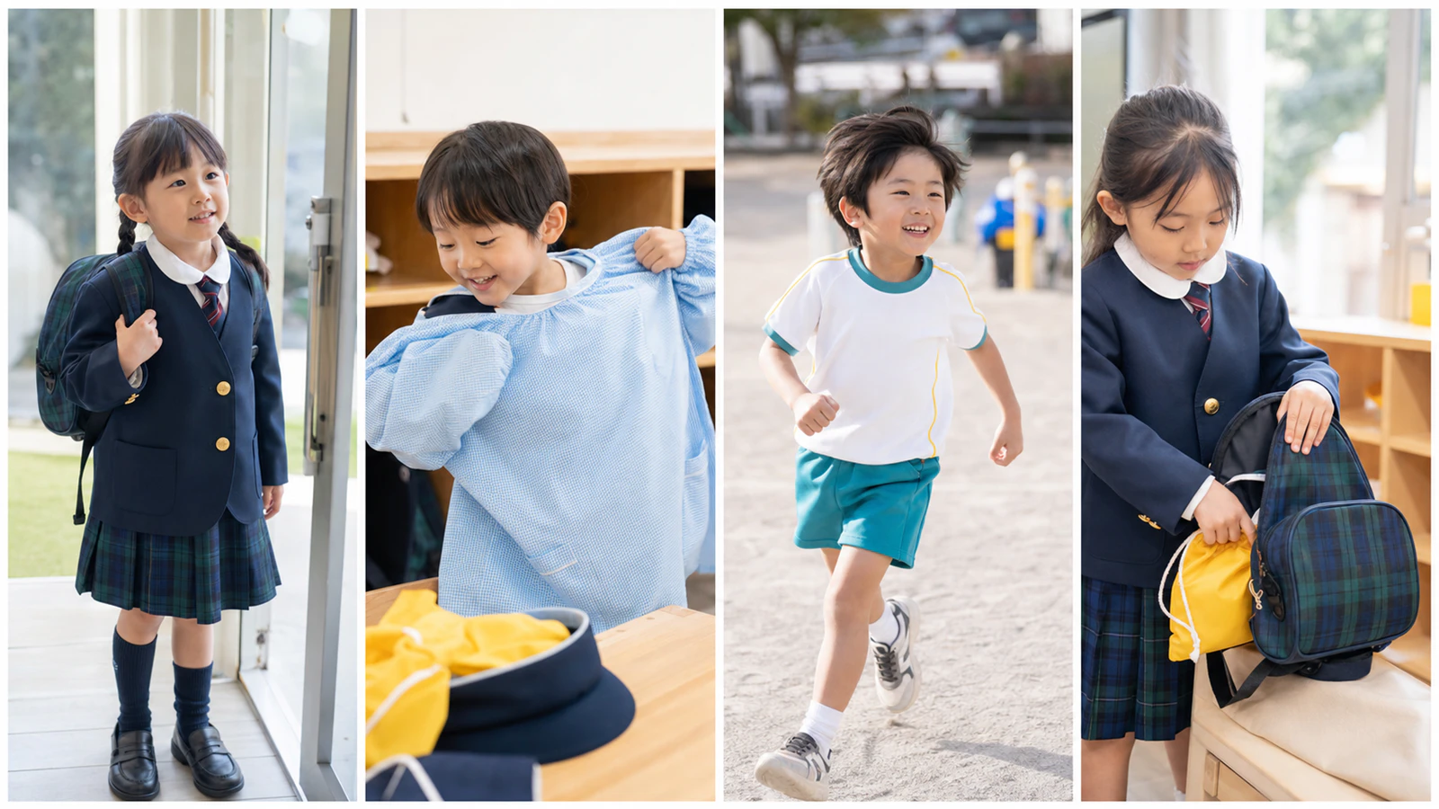 キリンジの冬制服・スモック・体操服を登園から降園までの4場面で確認する子どもたち