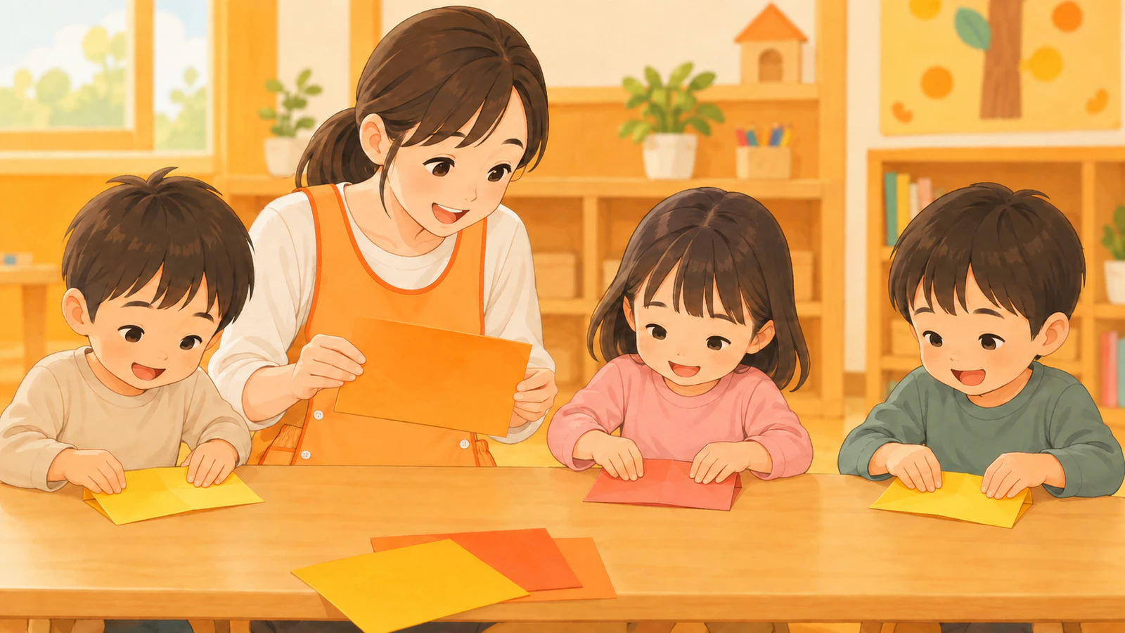 保育室で先生が子どもの横に並んで大きな紙を半分に折って見せ、普段着の子どもたちが机で同じように紙を折っている様子