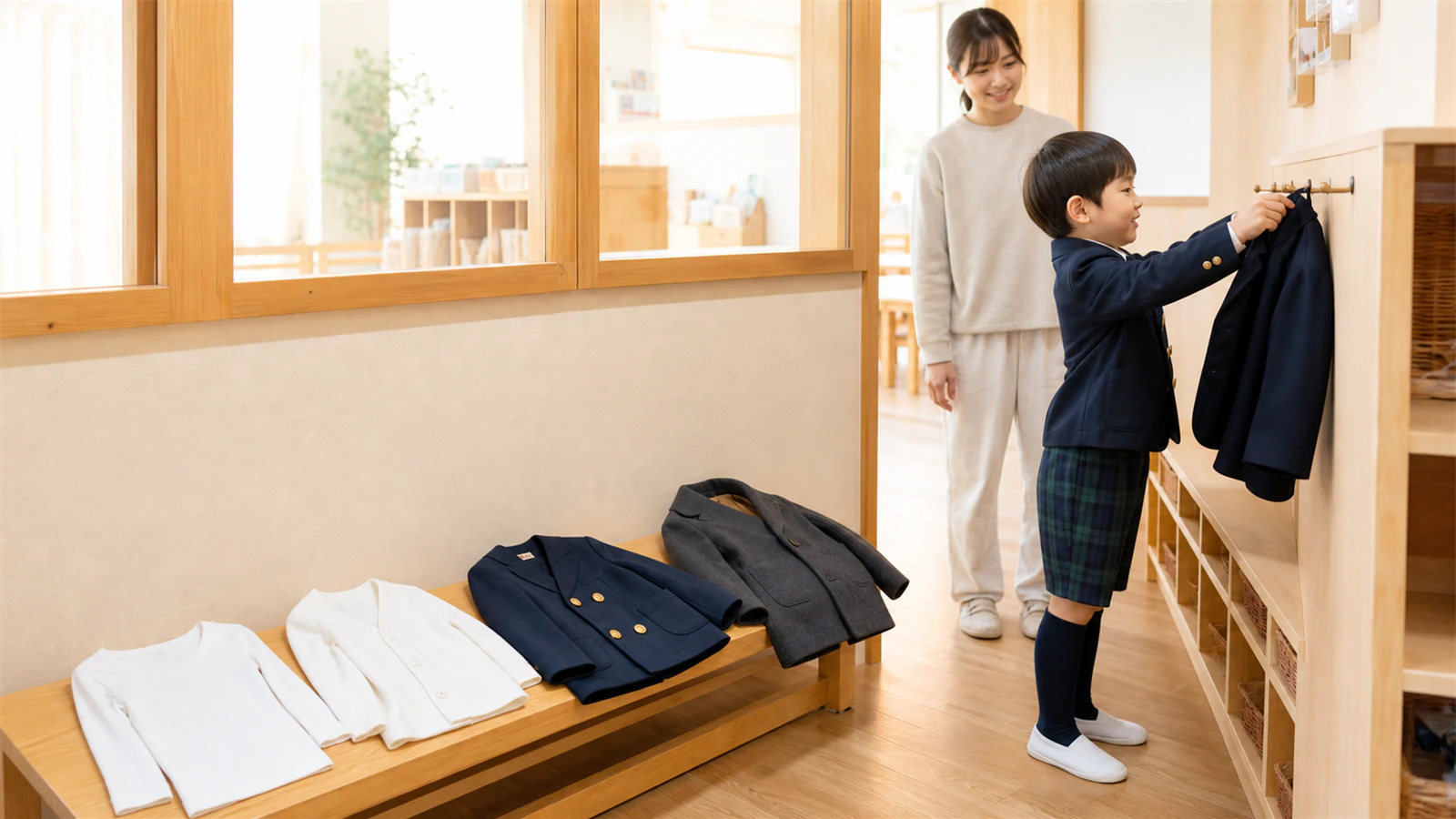 肌着・中間着・キリンジの冬制服・屋外用コートを並べ、子どもが室内で一枚脱ぐ様子