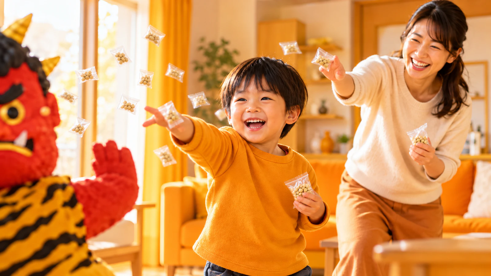 家庭の居間で、親子が個包装の豆を袋ごと持ち、赤鬼の着ぐるみの鬼役に向かって笑顔で豆まきをしている様子
