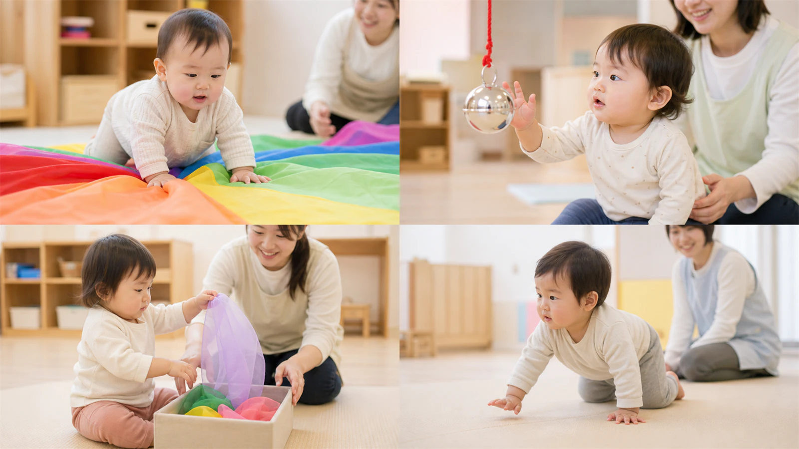 布、音、箱、動物の動きを楽しむ0・1歳児の発表会