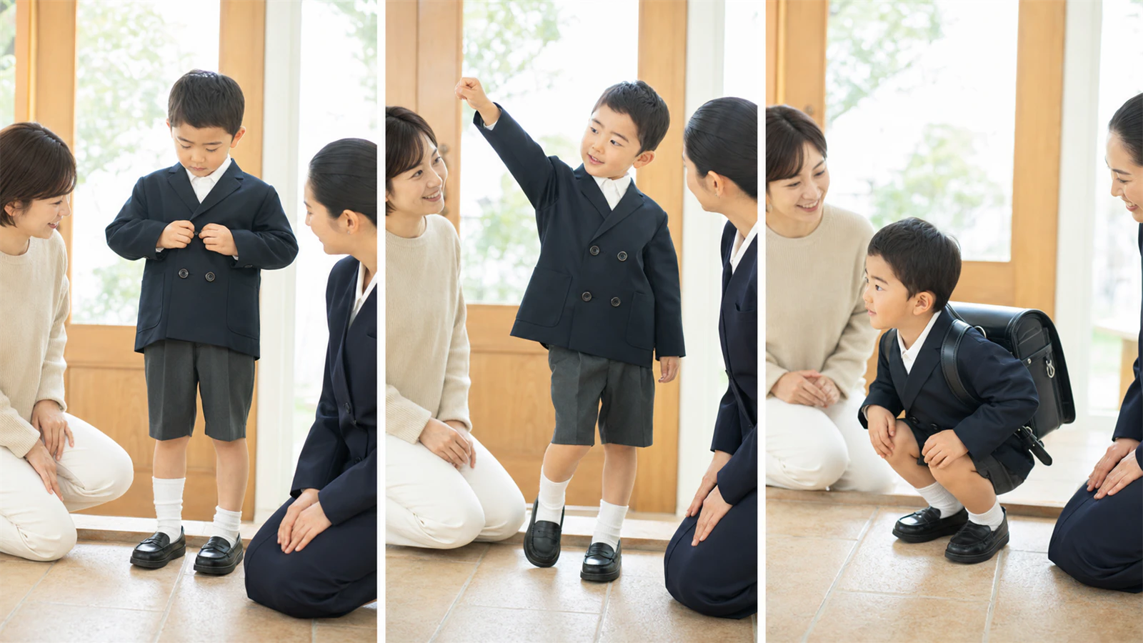キリンジの園服を自分で留め、腕上げ・しゃがみ・かばん姿を試す園児