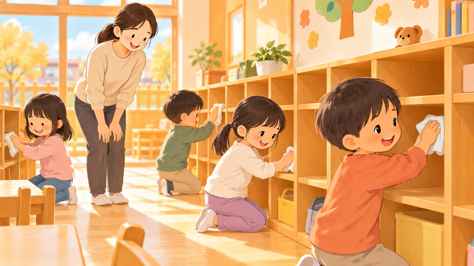 保育室で普段着の子どもたちが小さな布で自分の棚やロッカーを拭き、先生がそばで見守っている様子