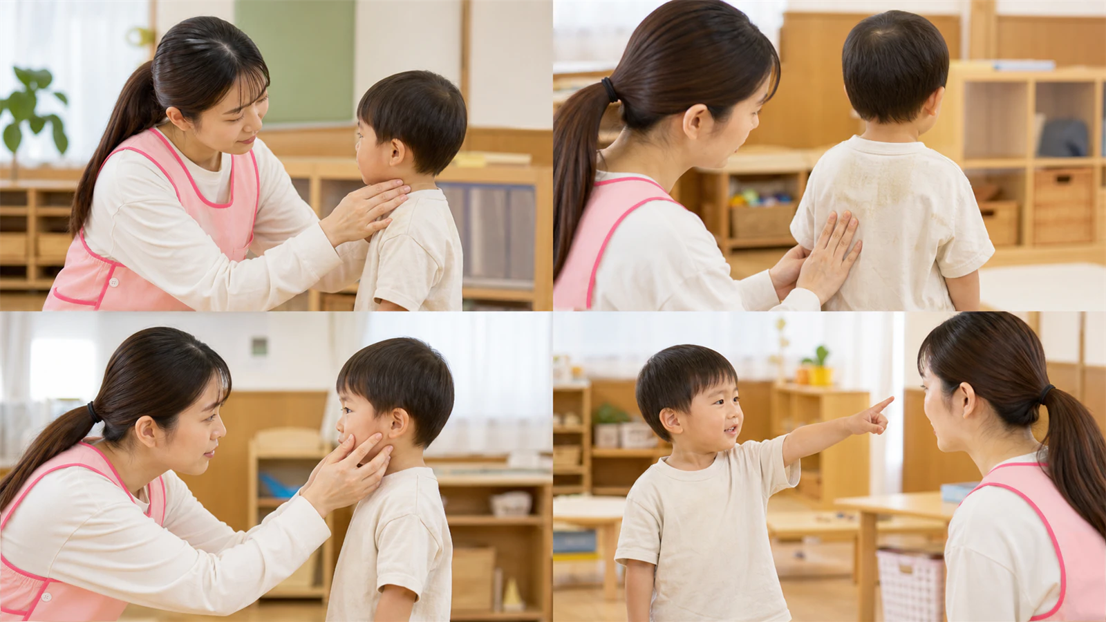 先生が子どもの首元の汗、顔色、動き、訴えを確認する様子