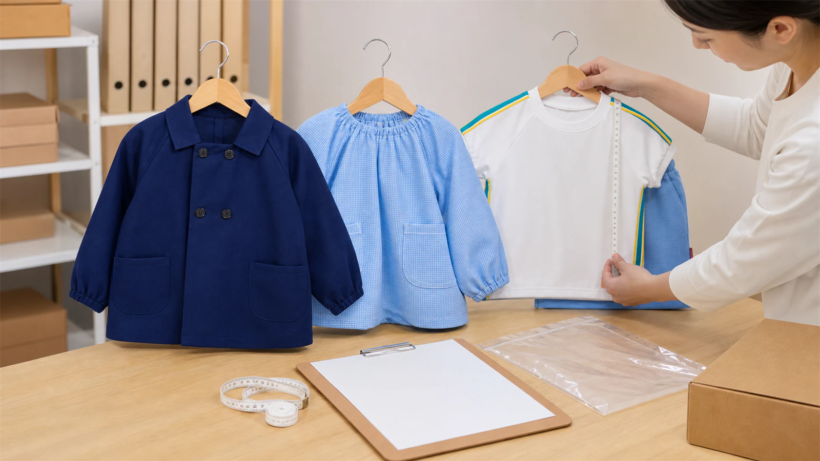 キリンジの園服・スモック・体操服を、採寸・注文・袋入れ・配送の用品と確認する担当者