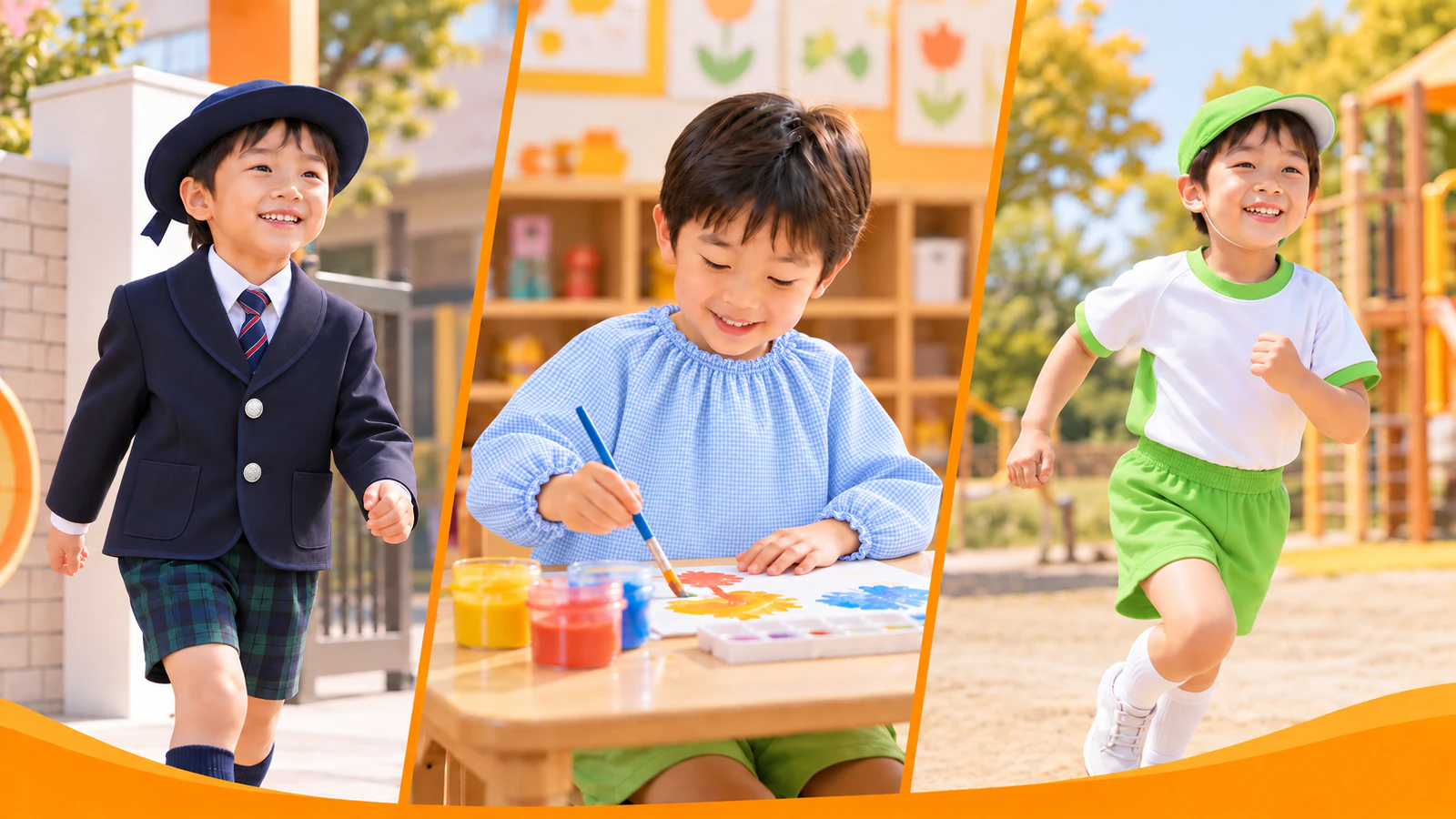 同じ男の子が、冬の通園服で登園する場面、スモックを着て絵の具で製作する場面、体操服と帽子で園庭を走る場面を並べた三つの場面