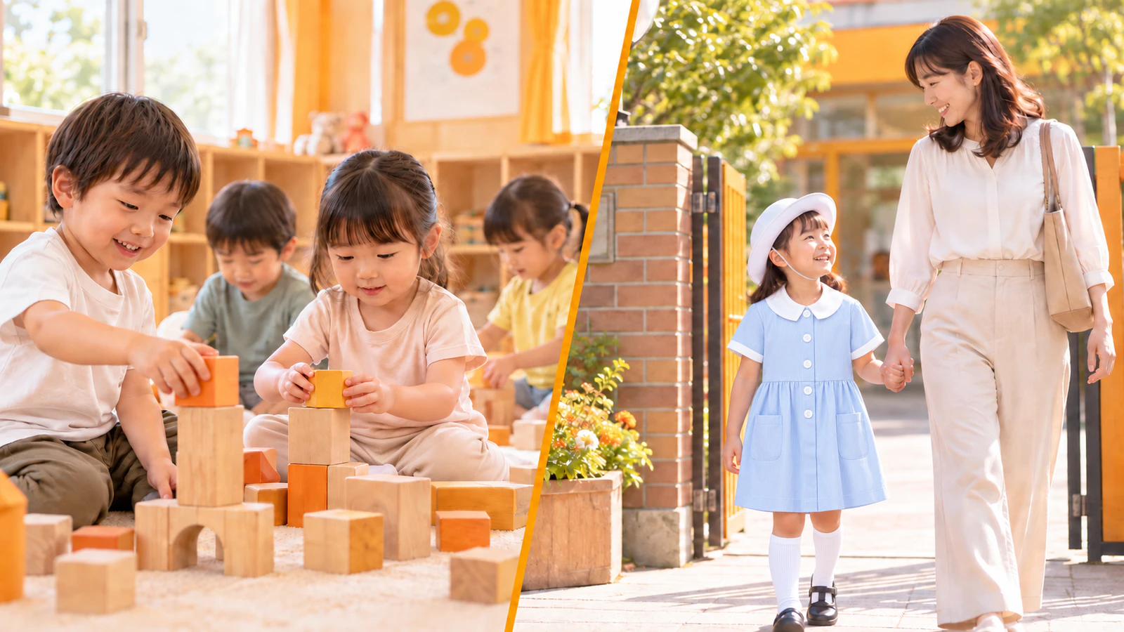 左は無地の普段着で積み木遊びをする園児たち、右は夏の制服と白い帽子で母親と登園する女の子を並べた二つの場面