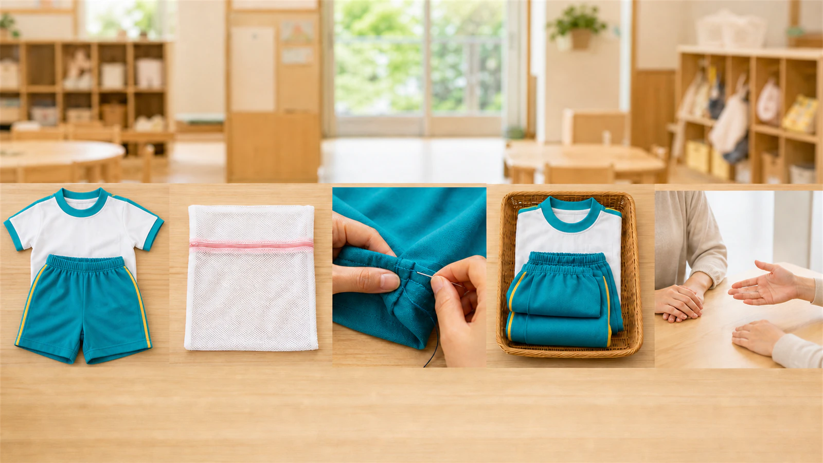 キリンジの体操服について、一式・洗濯ネット・裾補修・収納・相談を確認する5場面