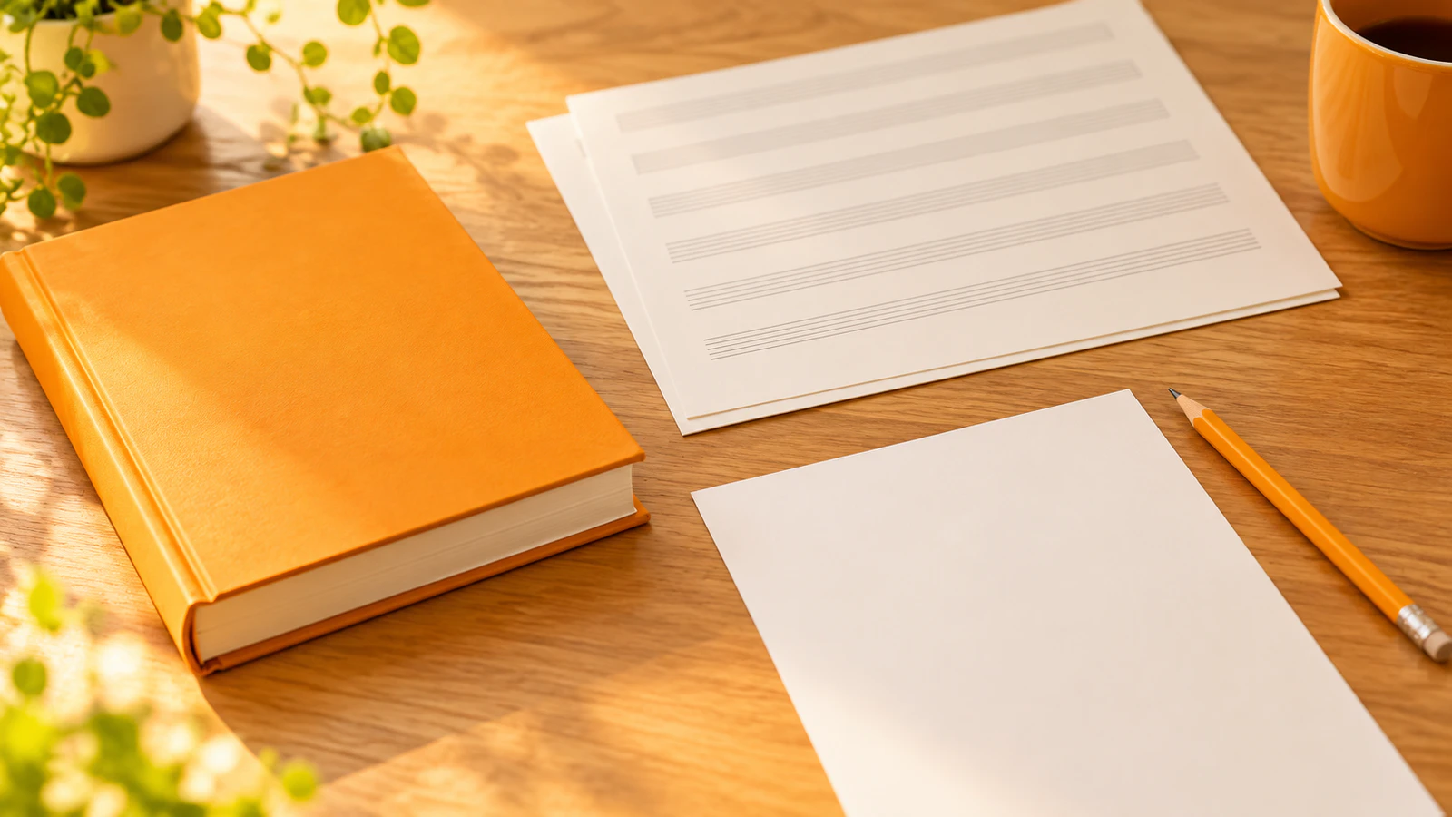 机の上に、保育の歌の本と楽譜、鉛筆と白紙のおたよりの下書きが並んでいる様子