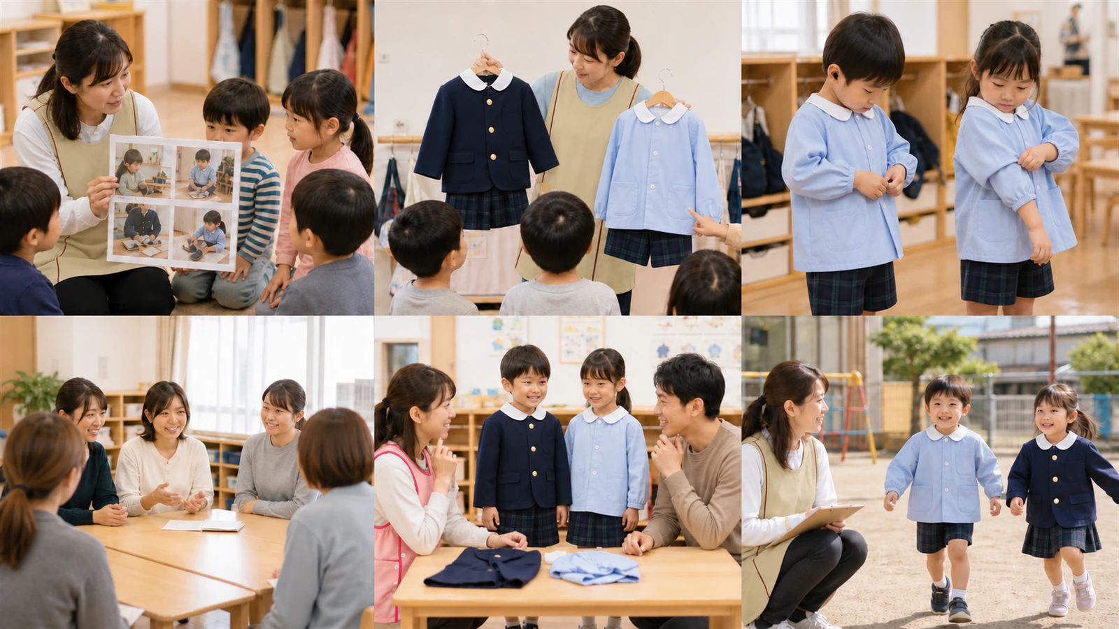 キリンジの冬制服とスモックについて、説明・見本提示・着脱・会議・試着・園庭活動を確認する6場面