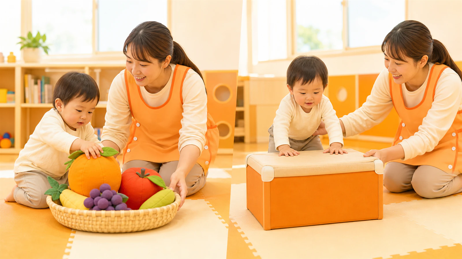 柔らかい果物を選ぶ競技と箱を押して進む1歳児の親子競技