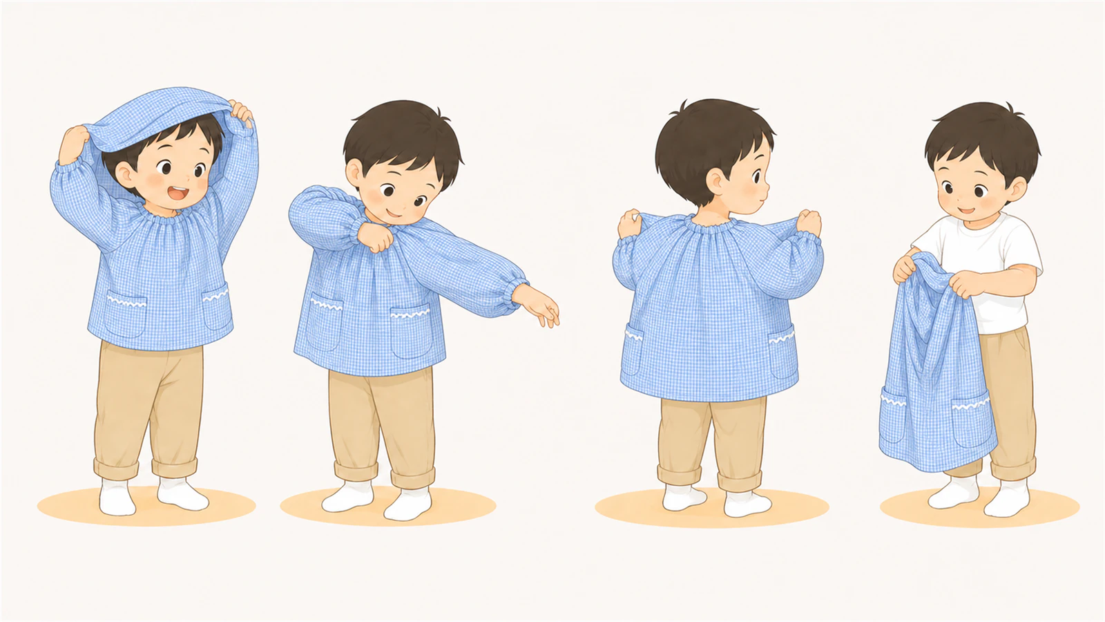 スモックの幼児がかぶる、腕を通す、前後を見る、脱ぐ動作を試す図