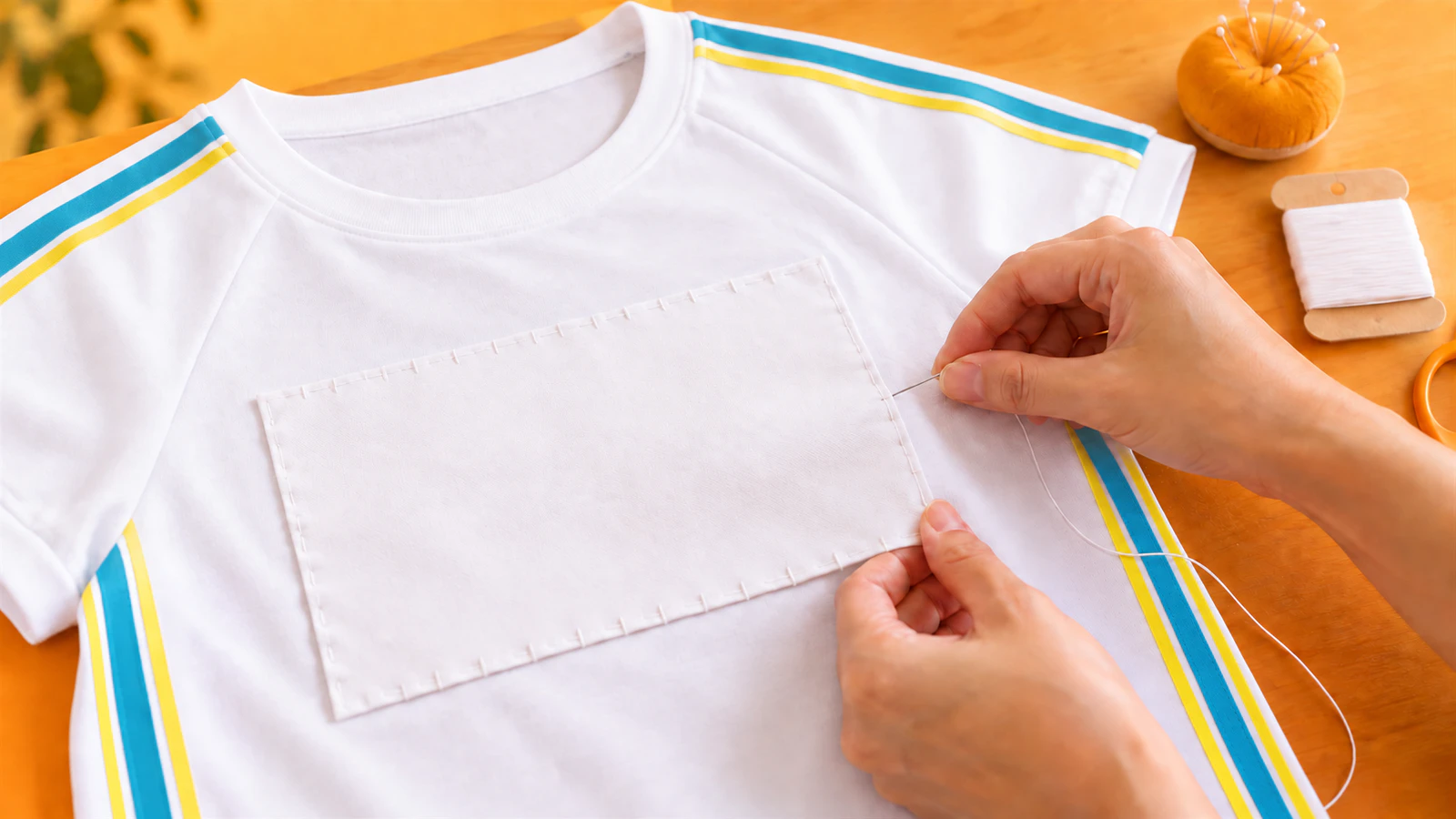 体操服の胸に置いた白いゼッケンの端を、針と白い糸でたてまつり縫いにしている手元