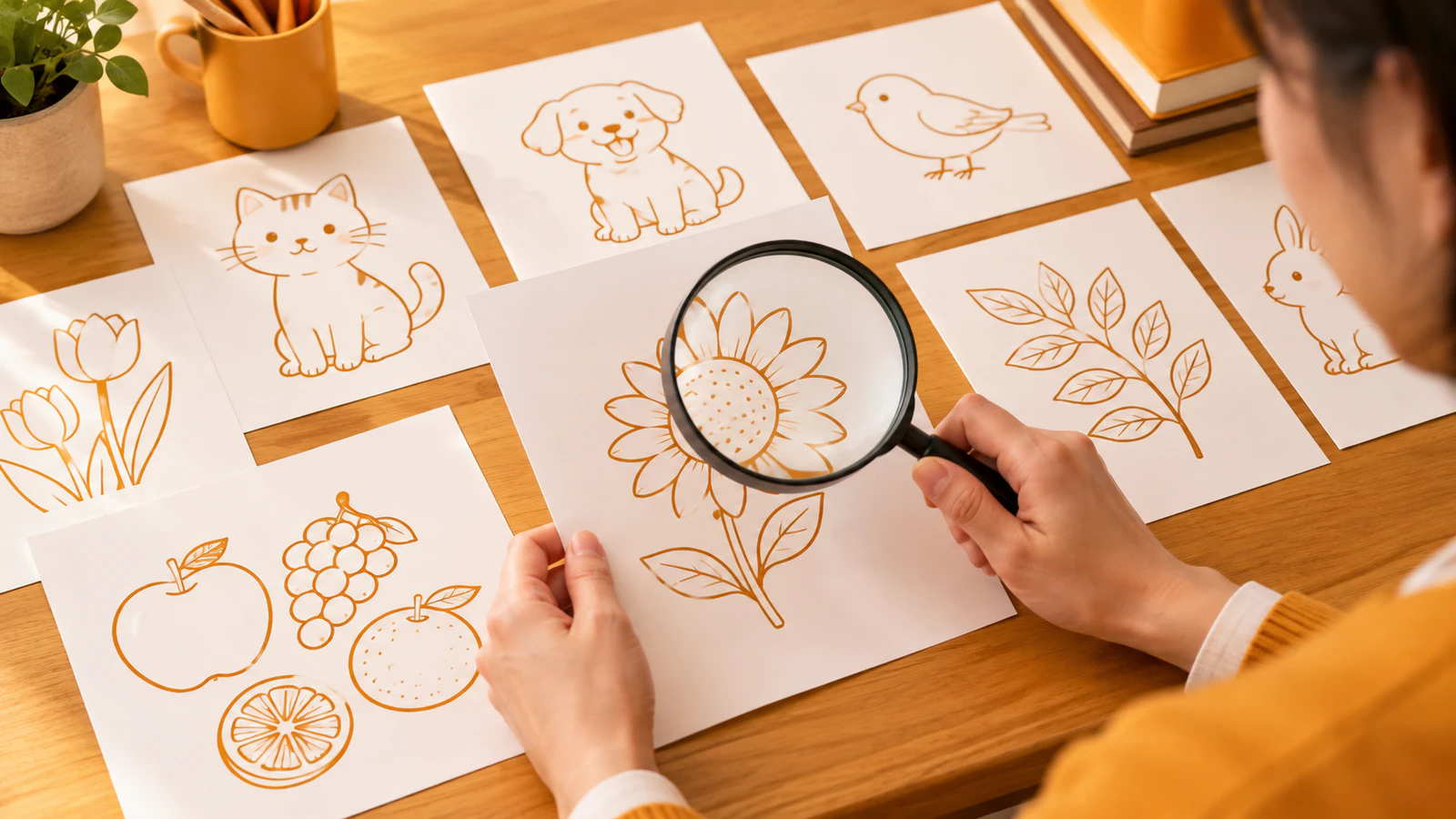 印刷したイラストの見本を机に並べ、先生が虫眼鏡で細部を確かめている手元