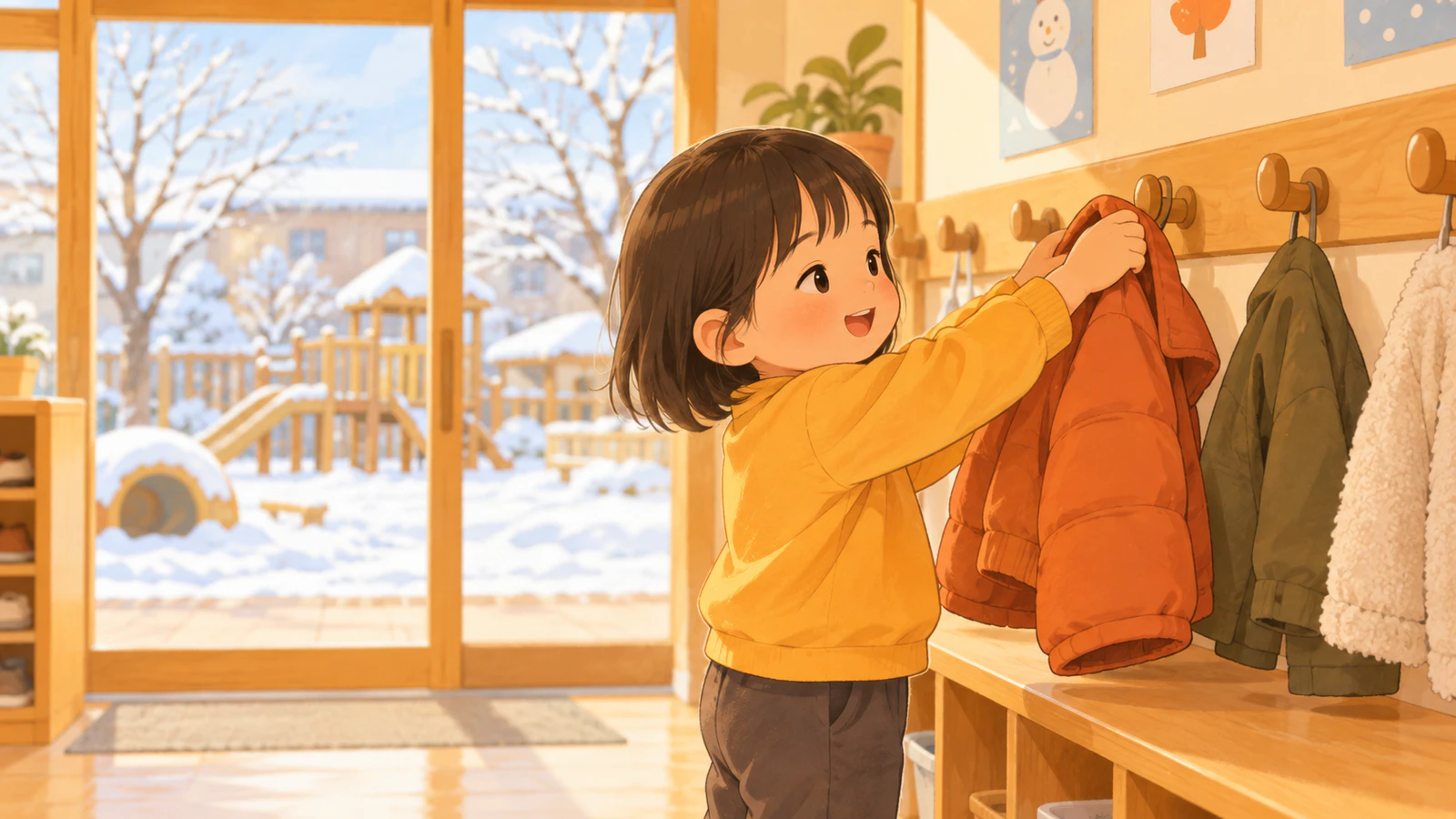 保育室の入り口で、普段着の子どもが自分で前開きの上着を脱ぎ、壁のフックに掛けようとしている様子