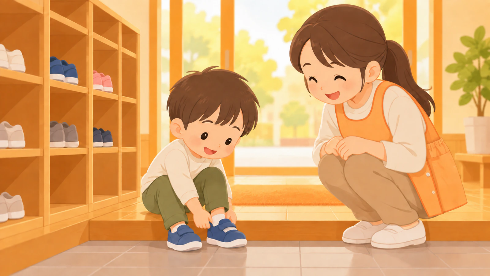 園の靴箱の前で、普段着の子どもが運動靴をかかとまで入れて履き、先生がしゃがんで見守っている様子