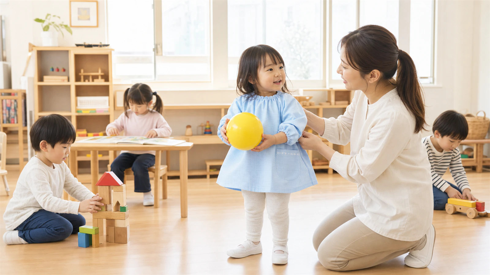 私服の上にキリンジの淡青スモックを着て遊び、先生が袖とポケットを確認する園児
