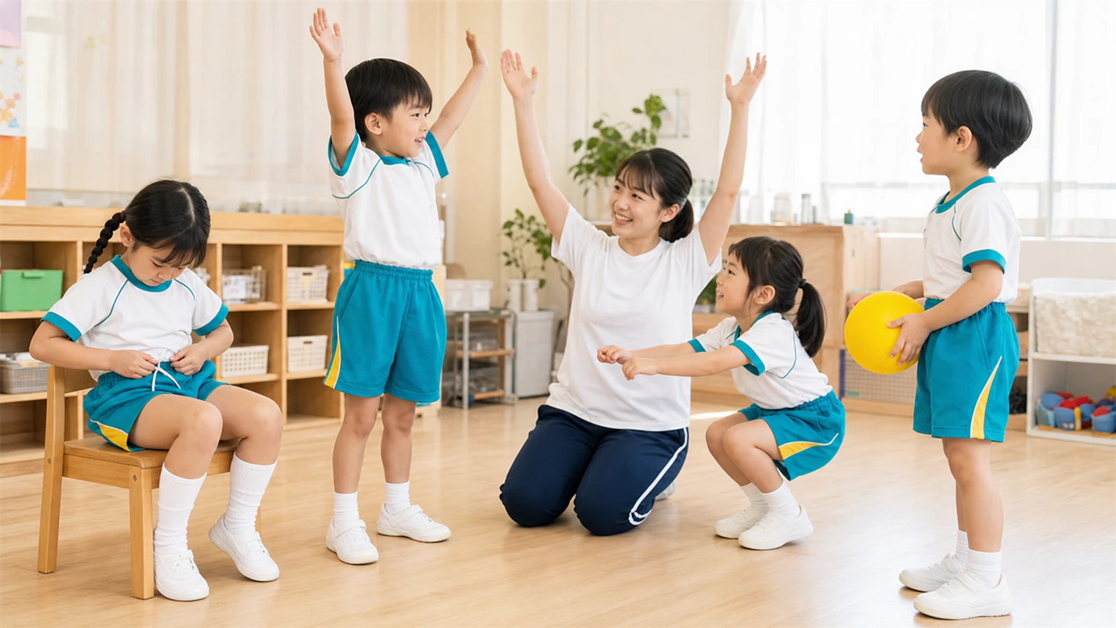 キリンジの体操服で腕上げ・しゃがみ・ボール操作・ウエストと靴を確認する子どもたち