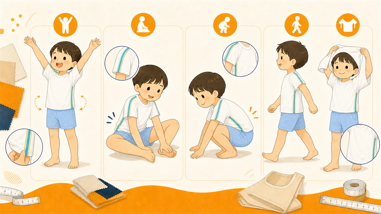 体操服の幼児がサイズ見本で腕上げ、着席、しゃがみ、歩行、着脱を試す図