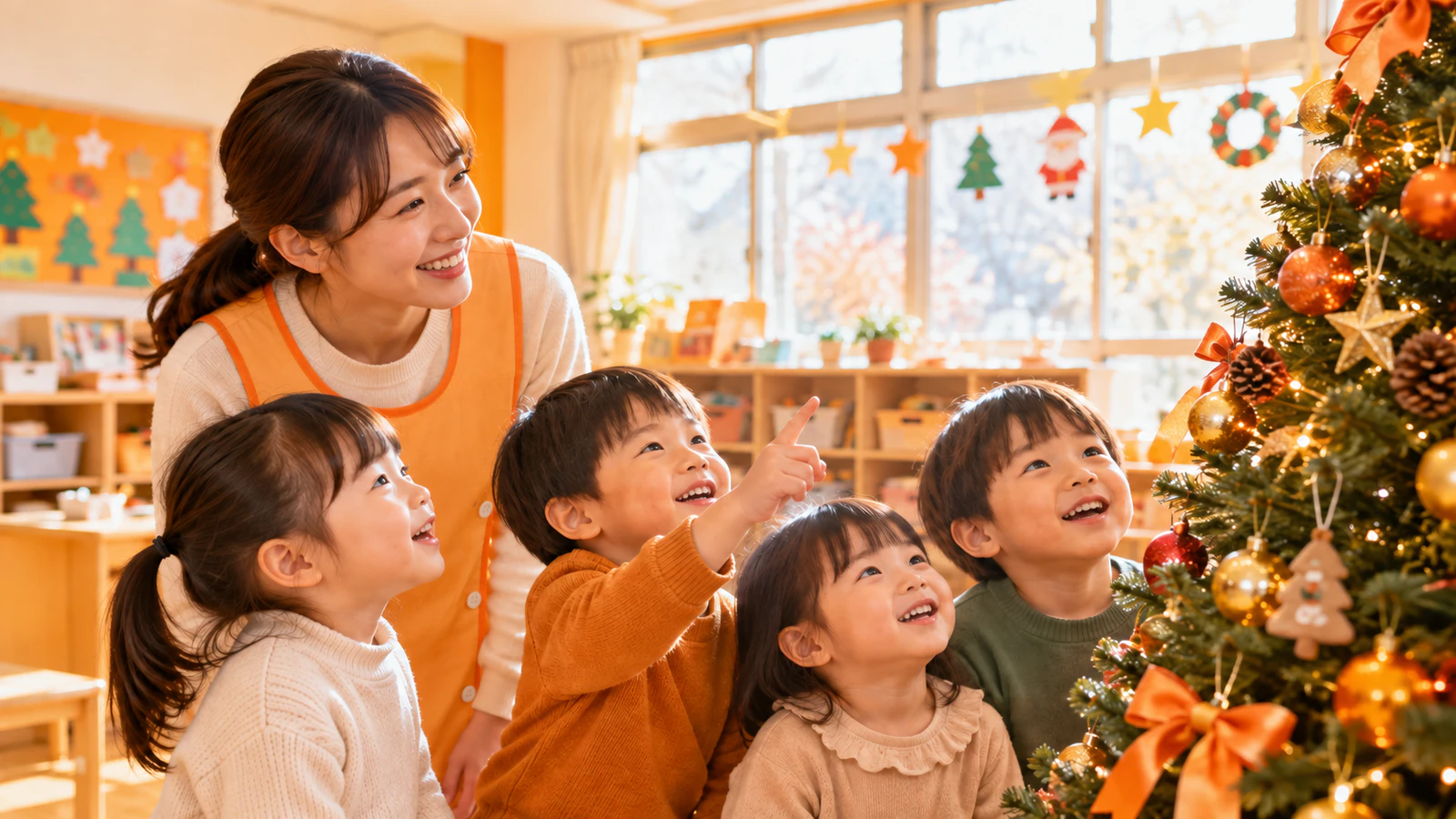 保育室のクリスマスツリーのそばで、先生と普段着の子どもたちがツリーを見上げて話している様子