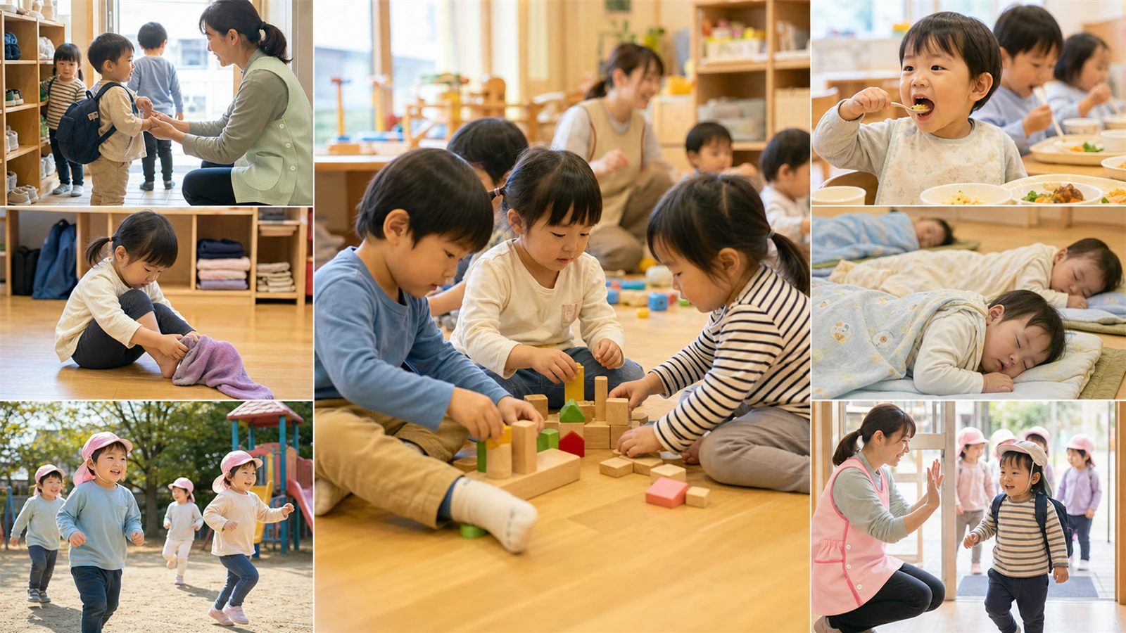 認定こども園の登園、教育時間、保育、午睡、降園の服装を確認する図