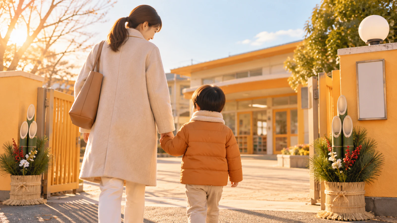 冬の朝、無地の上着を着た子どもと保護者が、門松を飾った園の門へ手をつないで向かう様子
