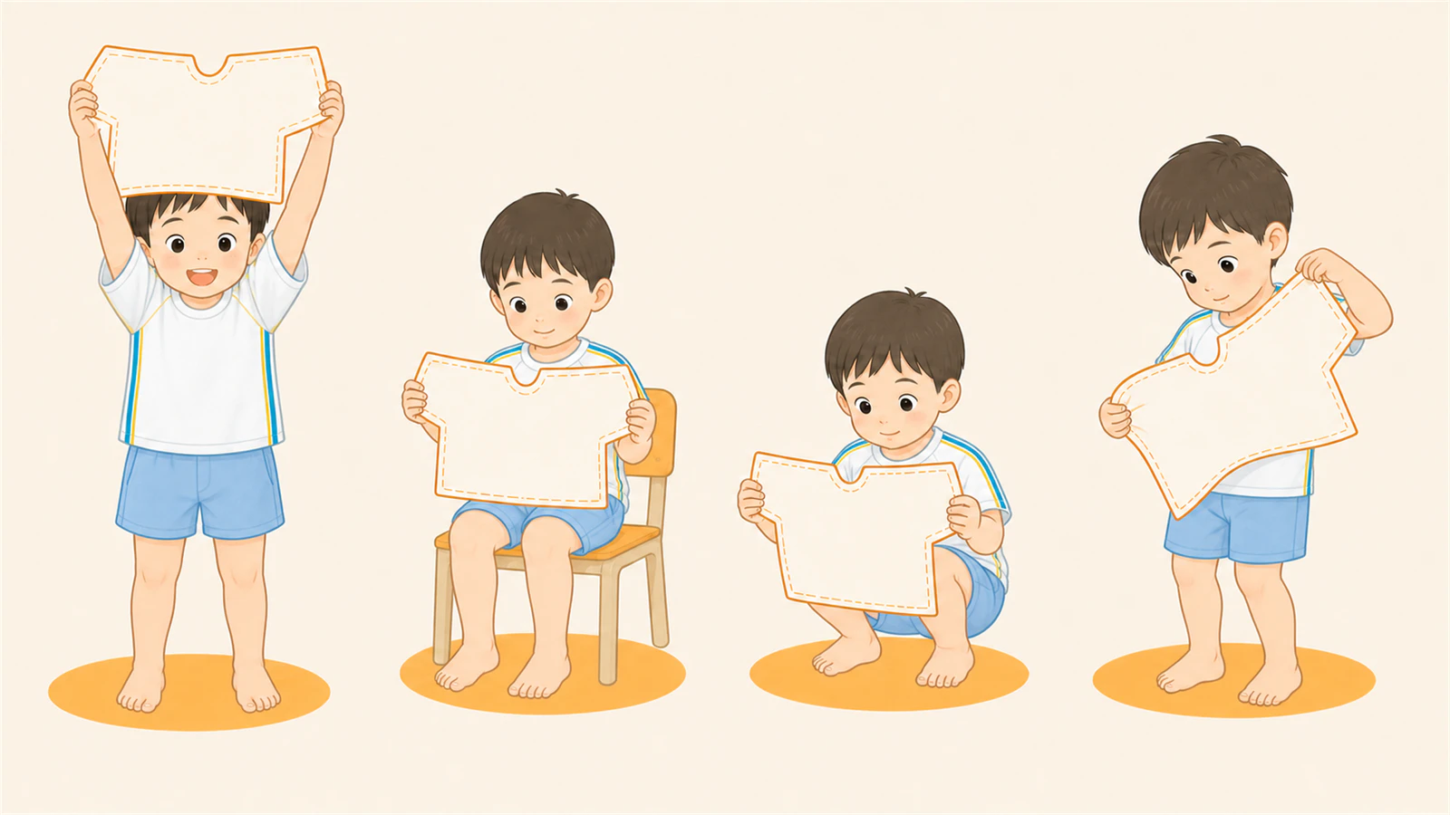 体操服の幼児がサイズ見本で腕上げ、着席、しゃがみ、着脱を確認する図