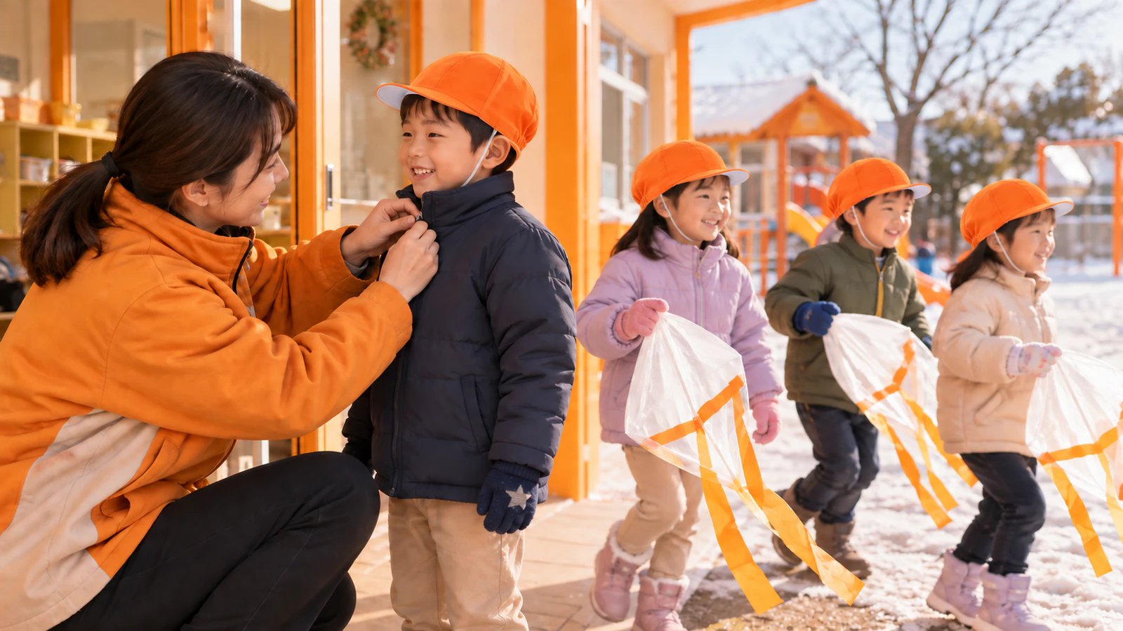 冬の園庭の出入り口で、先生が子どもの上着の首元を整え、オレンジ色の園の帽子をかぶった子どもたちが手作りの凧を持って外へ向かう様子