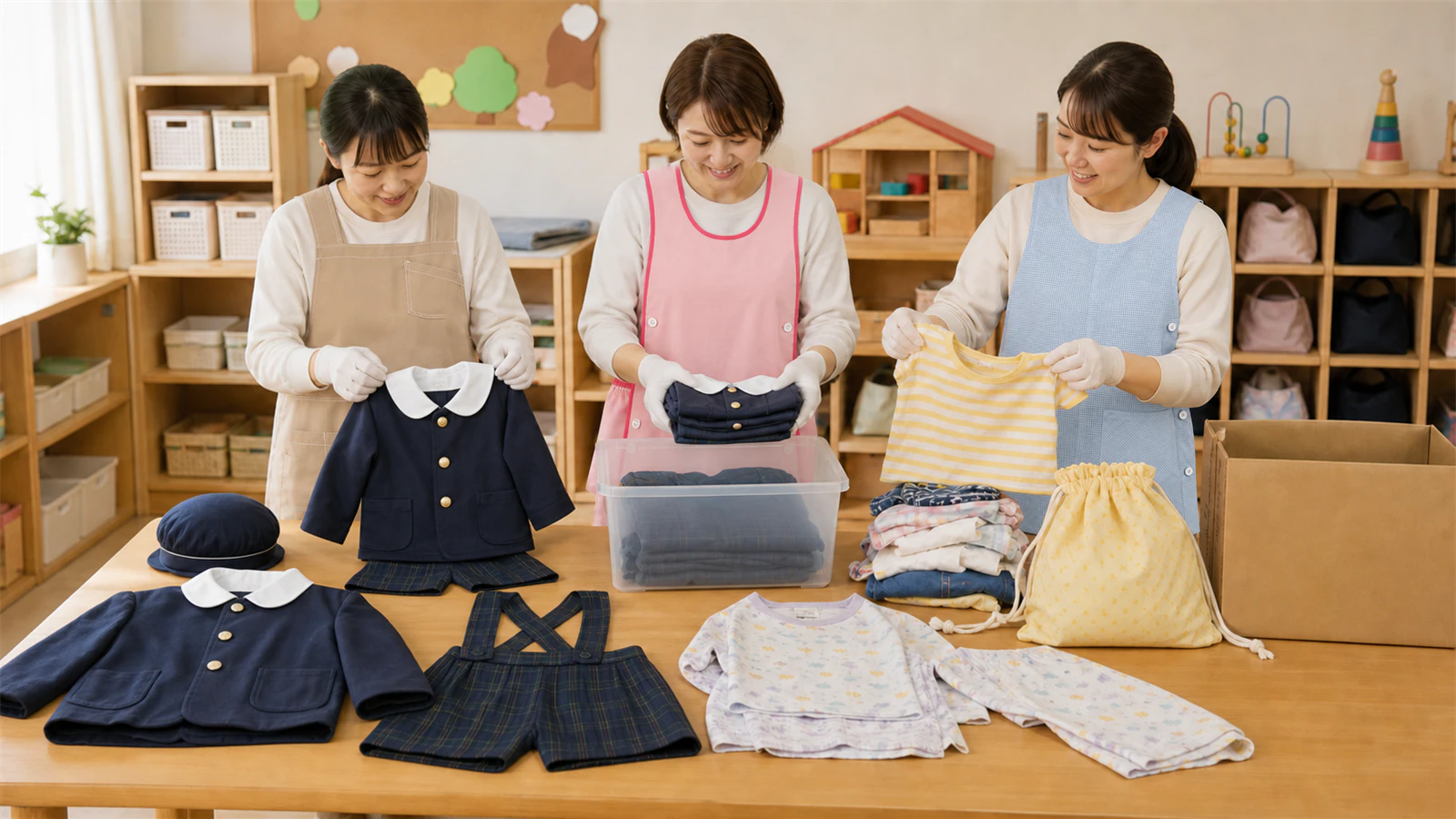 キリンジの冬制服と普段着・パジャマ・袋物を机上で分け、服装運用を棚卸しする様子