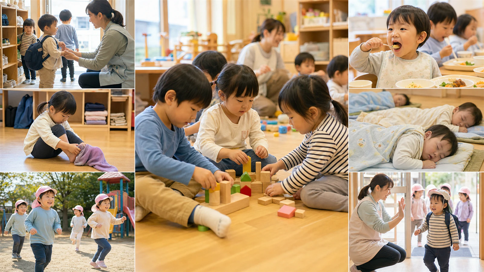 認定こども園の登園、教育時間、保育、午睡、降園の服装を確認する図