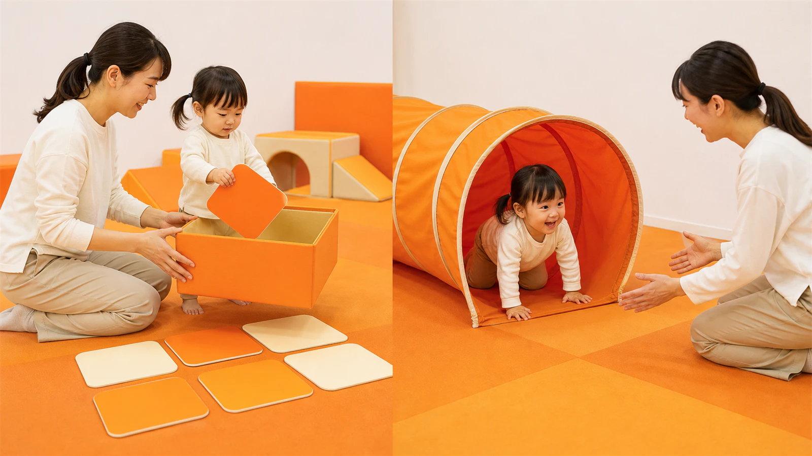 大きなカードを届ける競技と親子でトンネルを通る2歳児