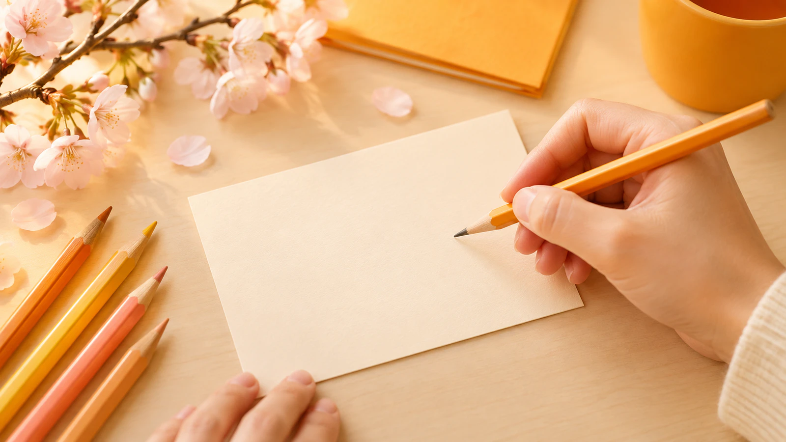 無地のメッセージカードと鉛筆、色鉛筆、桜の枝を机に並べた、書き始める前の手元