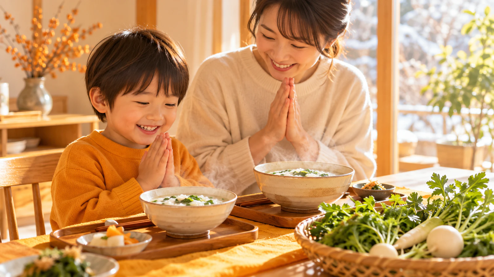 家庭の食卓で、親子が湯気の立つ七草粥を前に、手を合わせている様子