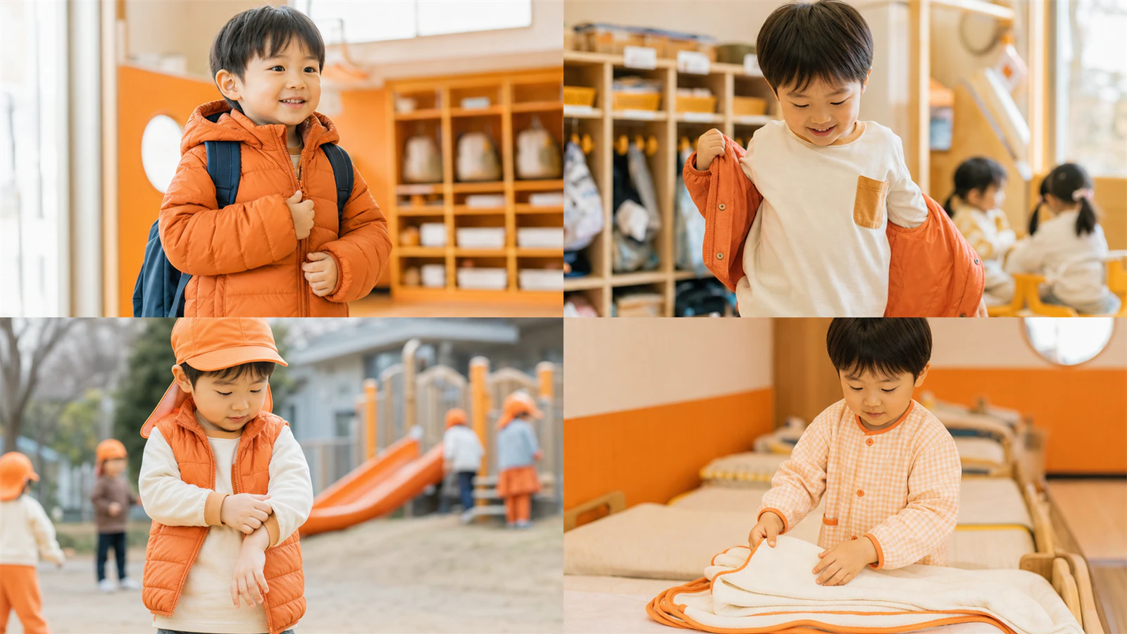 冬の登園、室内、外遊び、午睡で服装を調整する図