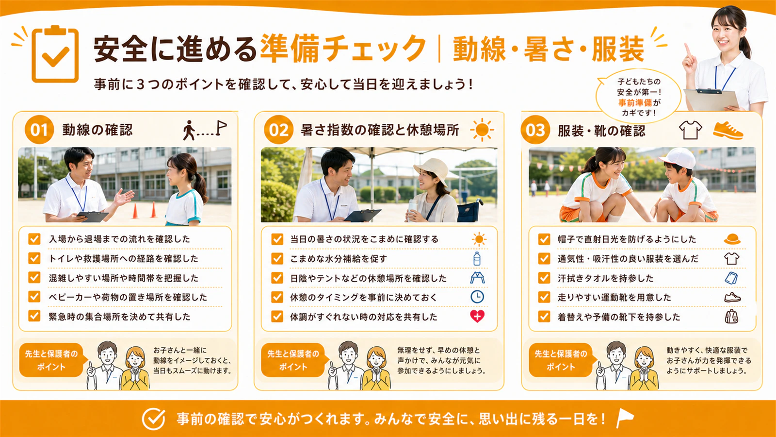 運動会前に動線・暑さ・服装と靴を確認するチェックリストと、キリンジの体操服を着た園児の場面
