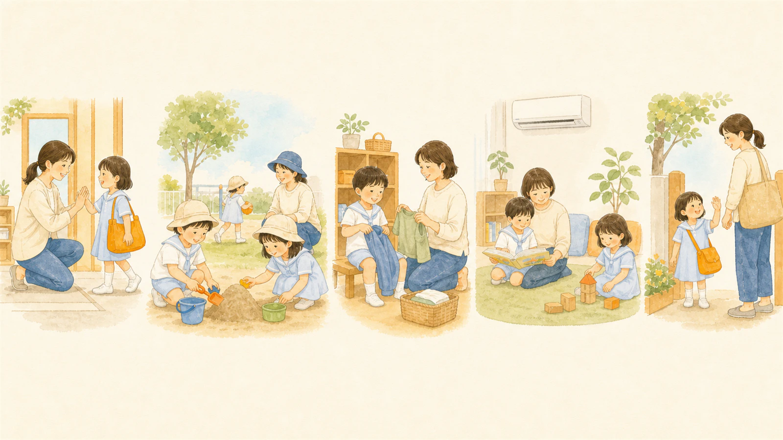登園、外遊び、着替え、冷房室、降園の一日