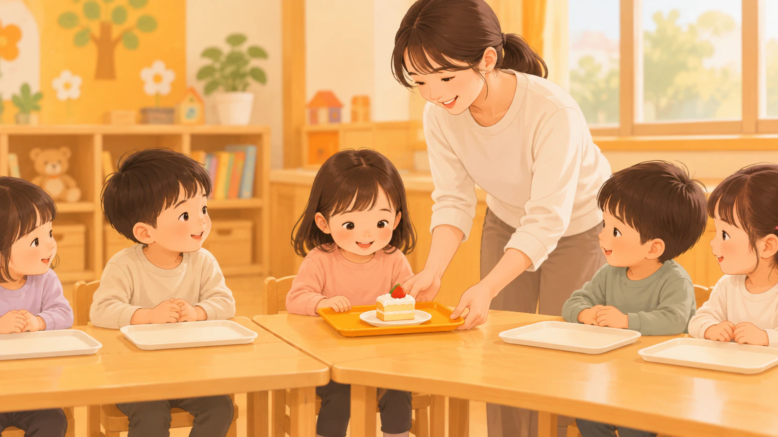保育室のいつもの席で普段着の子どもたちが座って待ち、先生が色の違うトレーにのせた小さなケーキを一人の子の前へ運ぶ様子