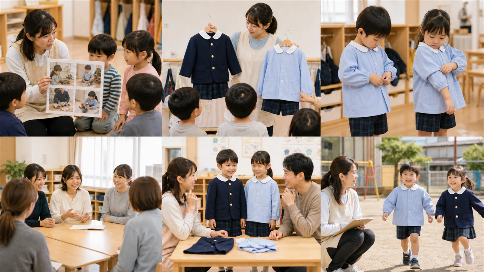 キリンジの冬制服とスモックについて、説明・見本提示・着脱・会議・試着・園庭活動を確認する6場面