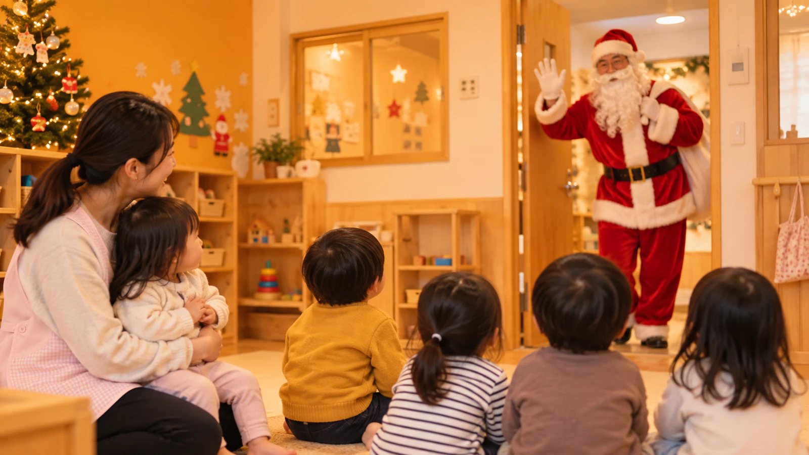 保育室の入り口で手を振るサンタを、先生のひざに座った幼い子どもや床に座った普段着の子どもたちが少し離れて見ている様子