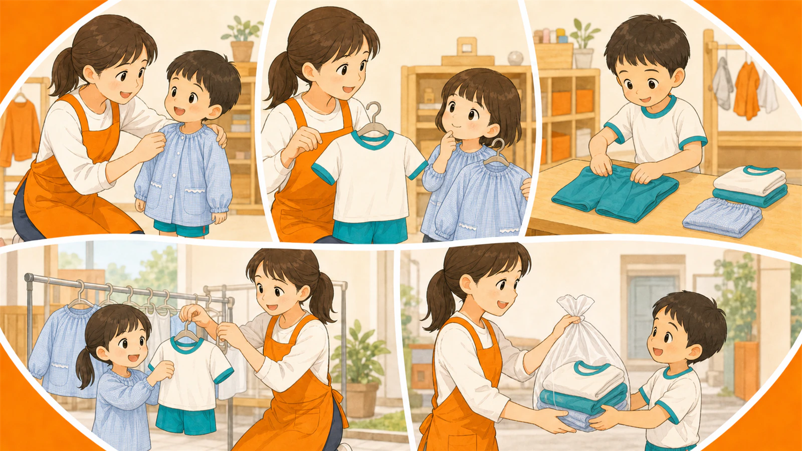 キリンジのスモックと体操服を使い、着る・選ぶ・畳む・掛ける・引き継ぐ服育活動